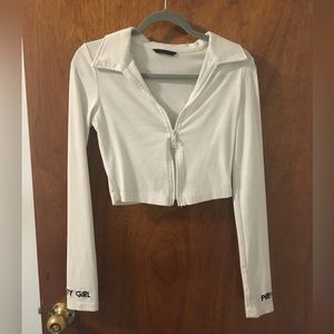 Embroidery Letter Thumb Hole Zipper Placket Tee